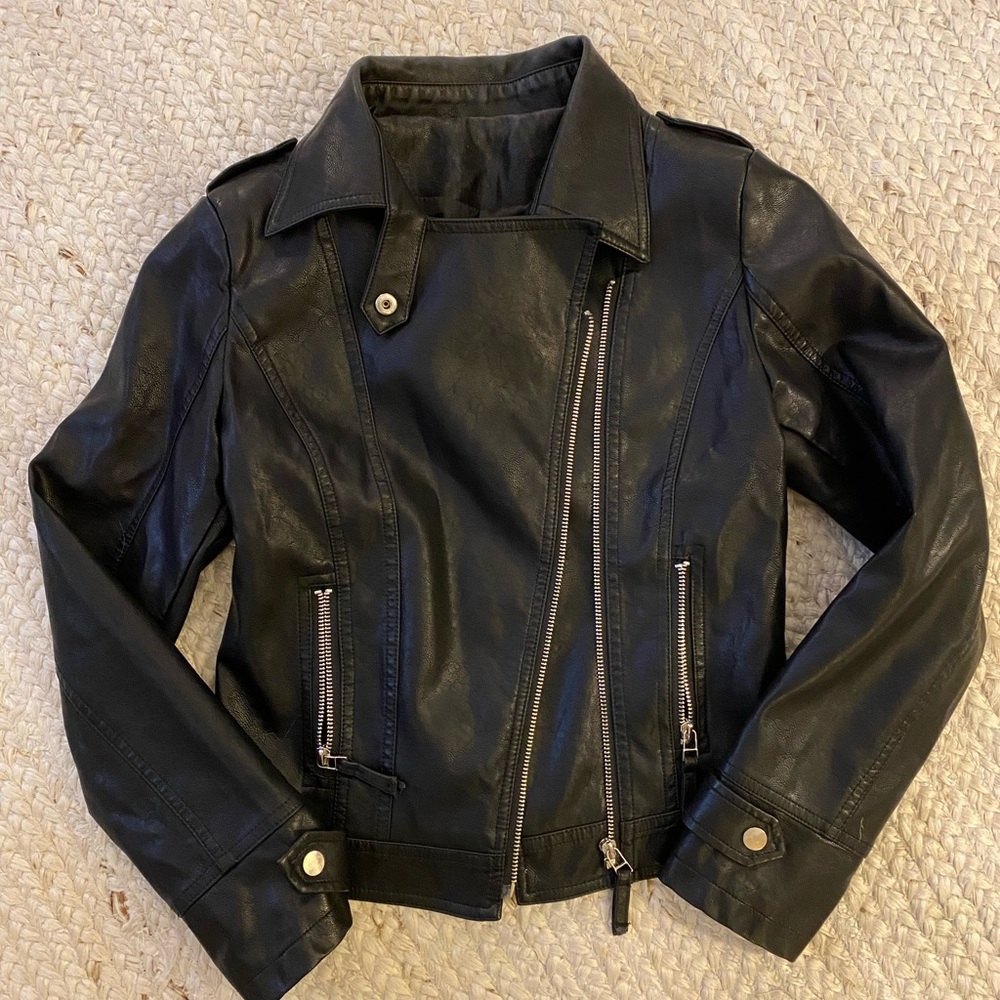 [SOLD] Black Leather Motorcyle Jacket w/Asymmetrical Zip and Silver Hardware